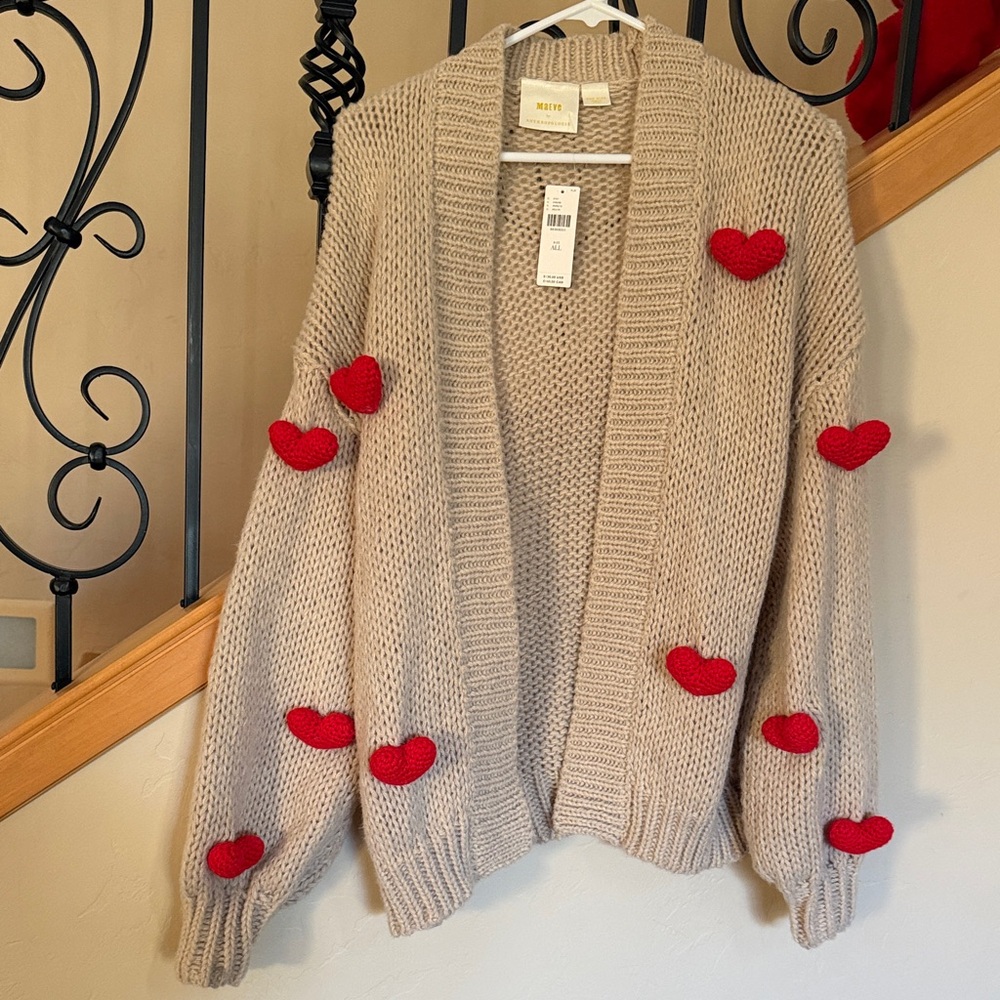 NWT Anthropology Maeve Cozy Beige Cardigan with Red Heart Accents